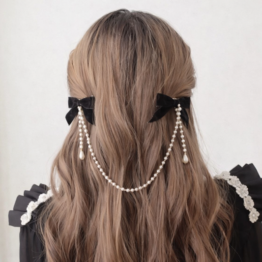 Pearl Bow Hair Clip Chain Double Ribbon Hair Accessory for Women