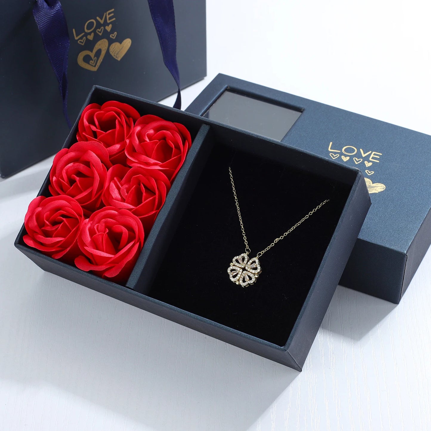 Four Leaf Clover Necklace with Rose Gift Box Lucky Love Gift for Her