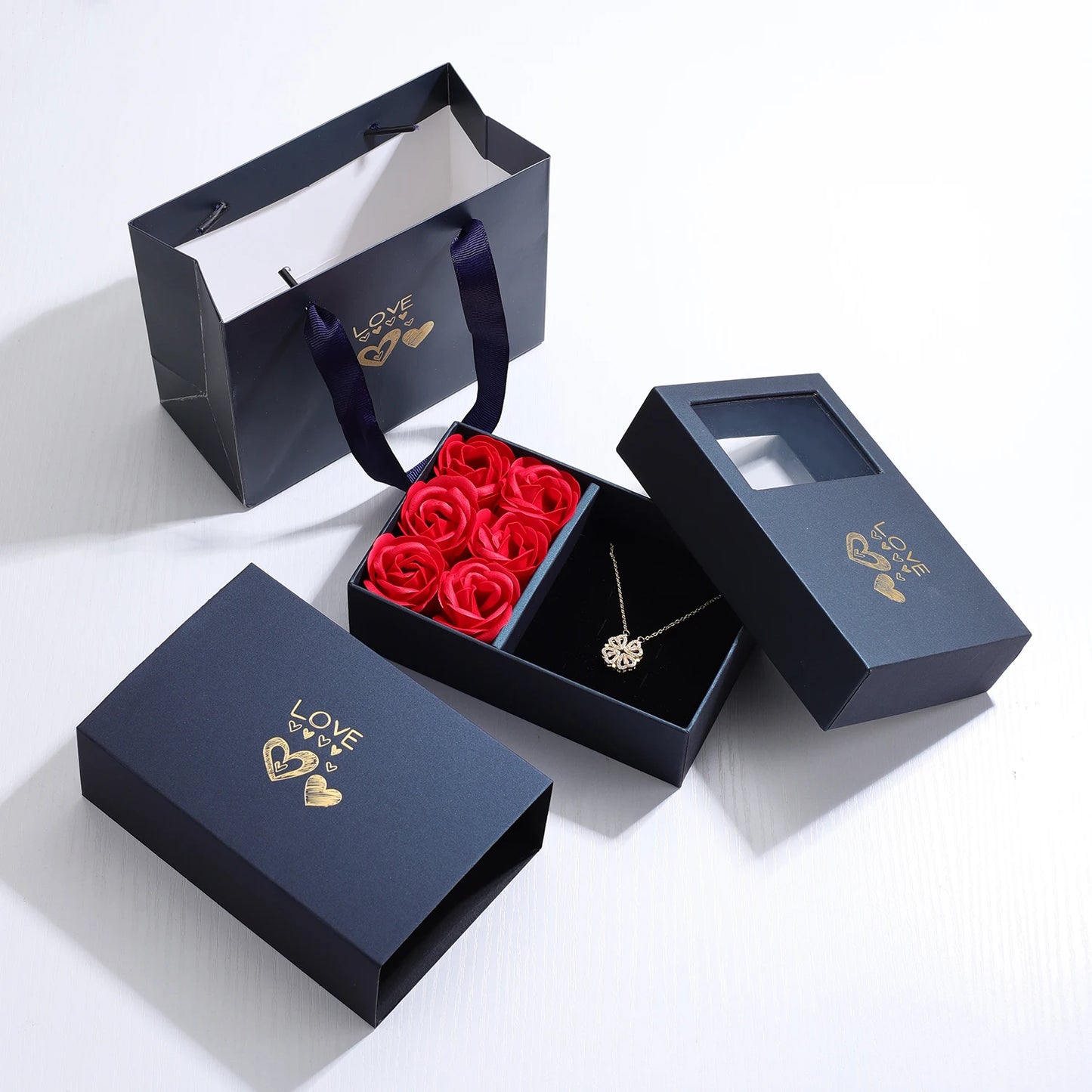 Four Leaf Clover Necklace with Rose Gift Box Lucky Love Gift for Her