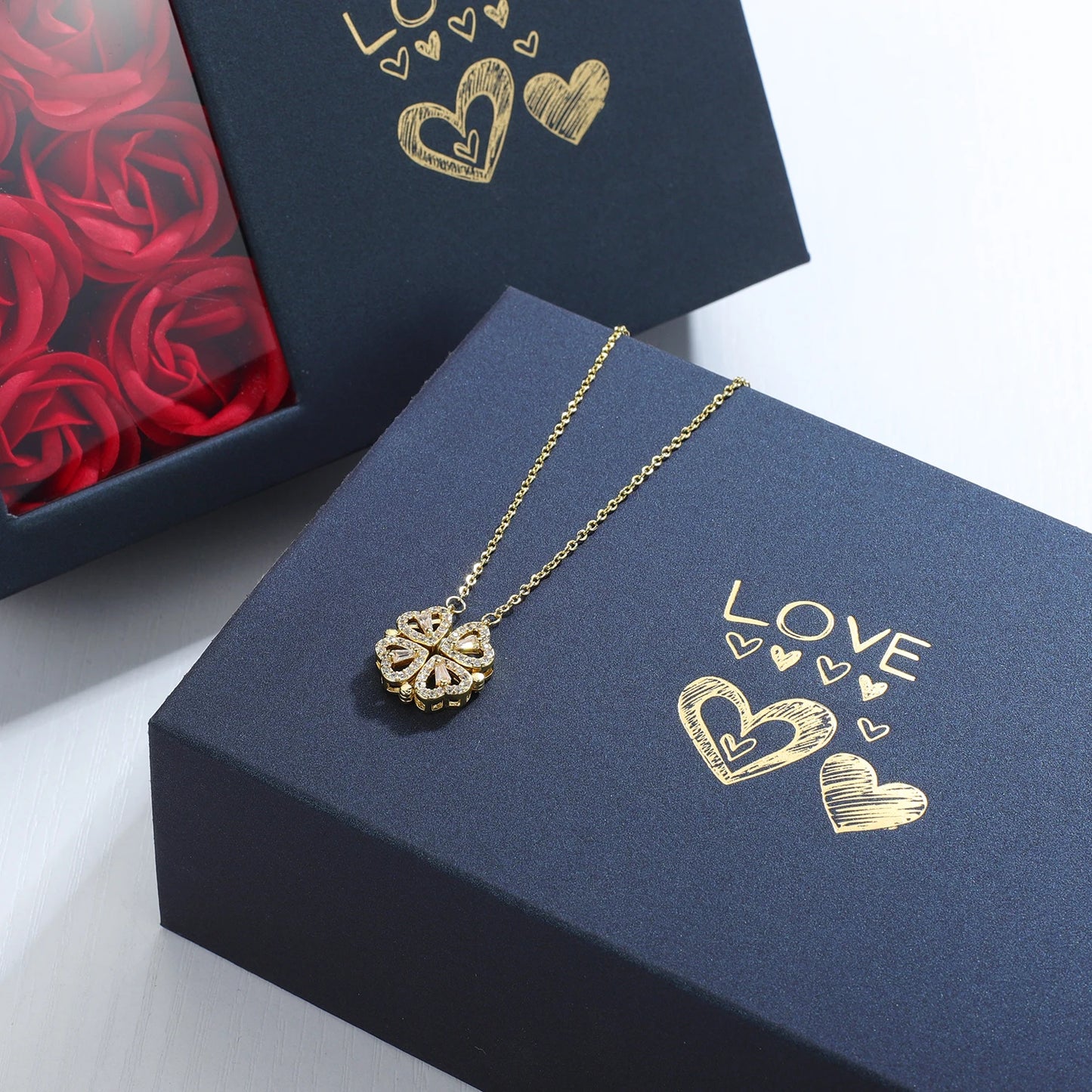Four Leaf Clover Necklace with Rose Gift Box Lucky Love Gift for Her