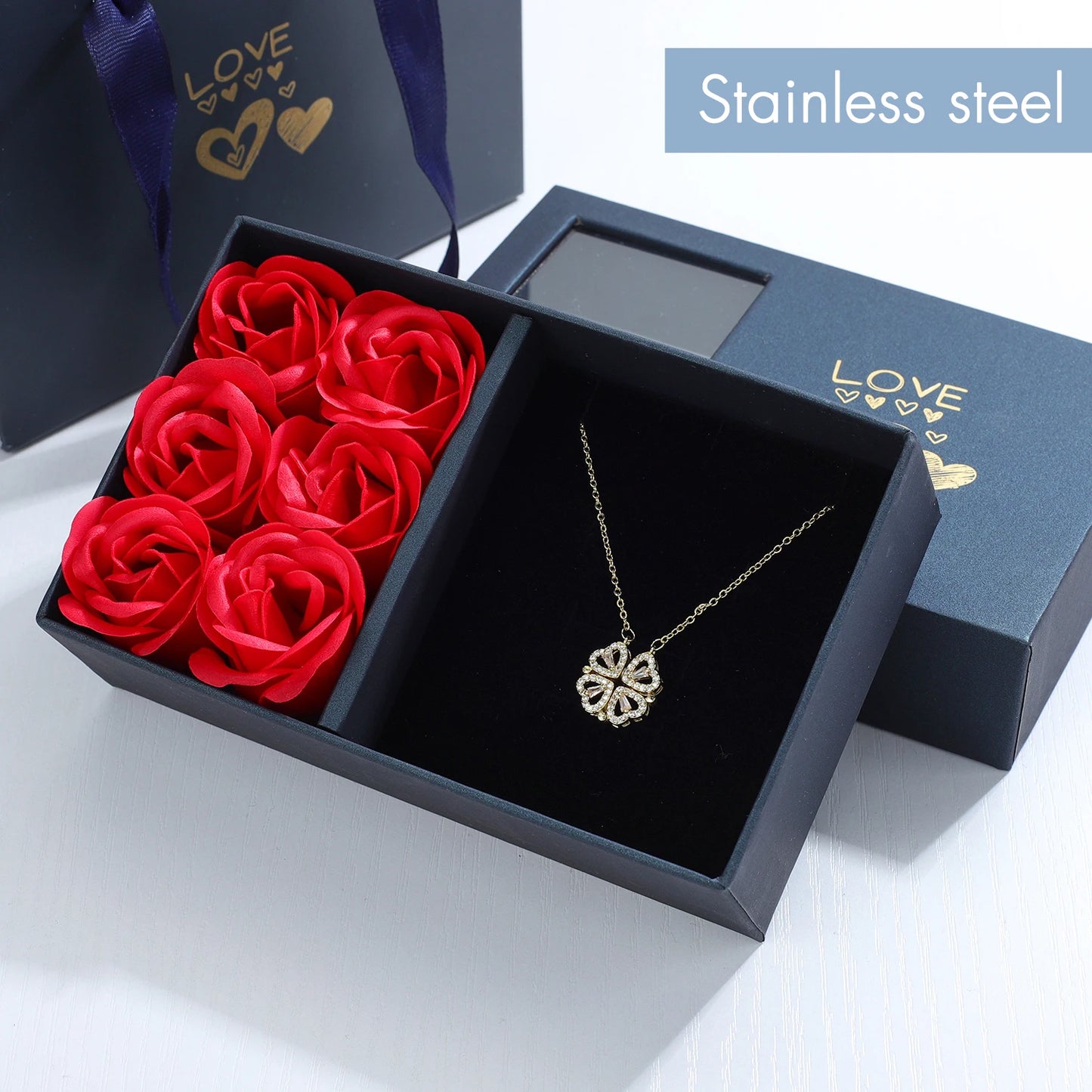 Four Leaf Clover Necklace with Rose Gift Box Lucky Love Gift for Her