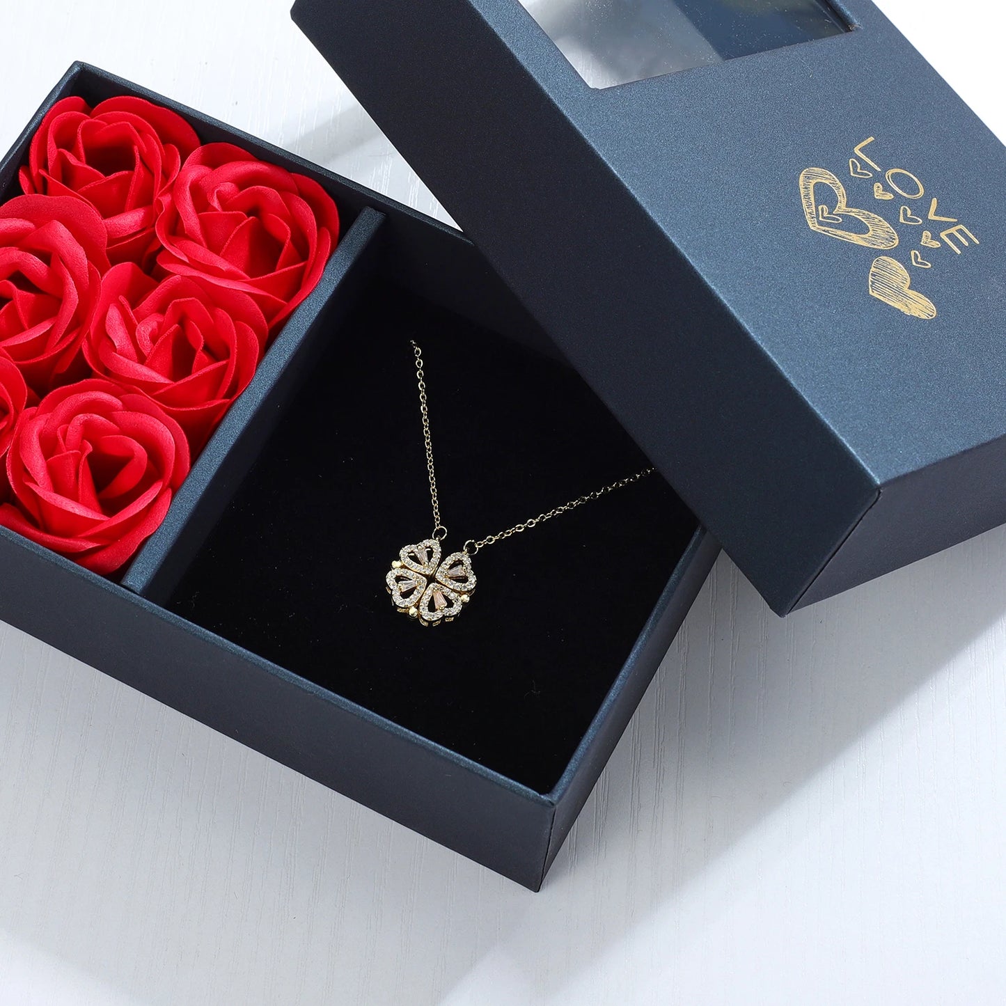 Four Leaf Clover Necklace with Rose Gift Box Lucky Love Gift for Her