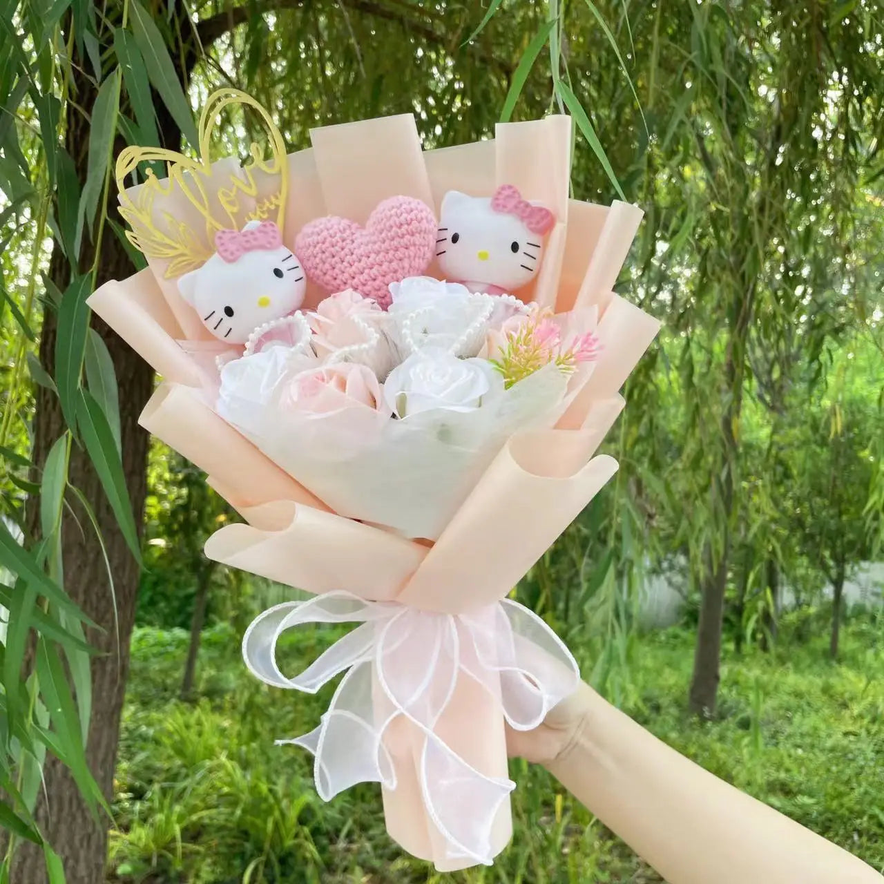 Hello Kitty Faux Rose Flower Bouquet Handmade Floral Gift