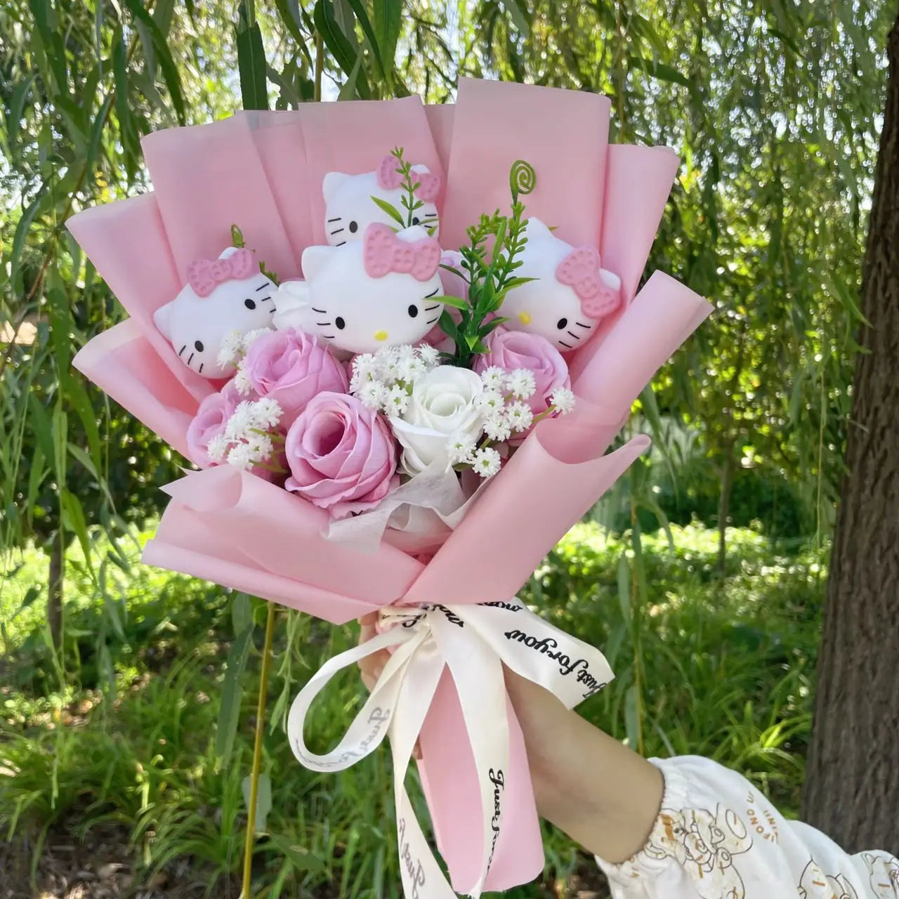 Hello Kitty Faux Rose Flower Bouquet Handmade Floral Gift