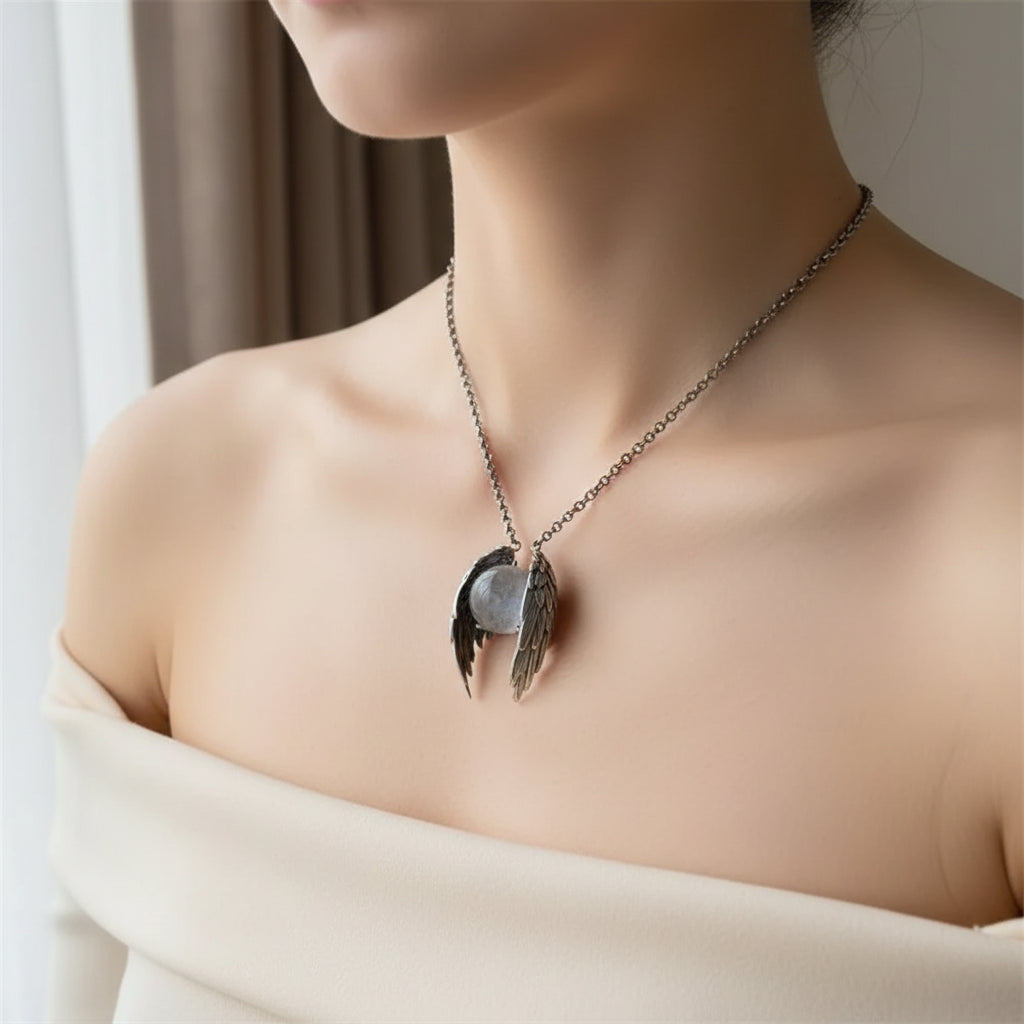 Ghost Wing Crystal Pendant Necklace – Retro Silver-Tone Punk Jewelry