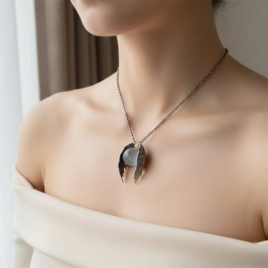Ghost Wing Crystal Pendant Necklace – Retro Silver-Tone Punk Jewelry