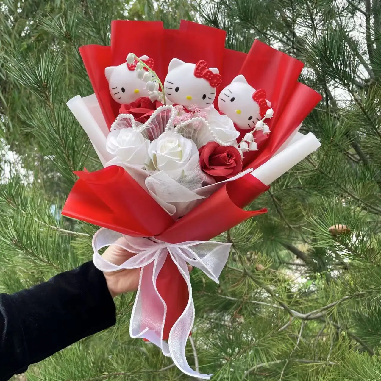 Hello Kitty Faux Rose Flower Bouquet Handmade Floral Gift
