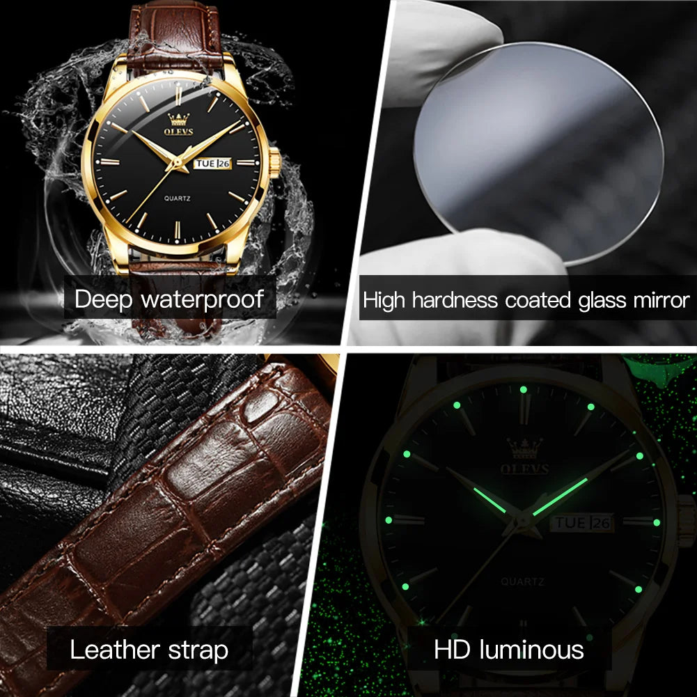 Classic Quartz Watch for Men Waterproof Leather Strap