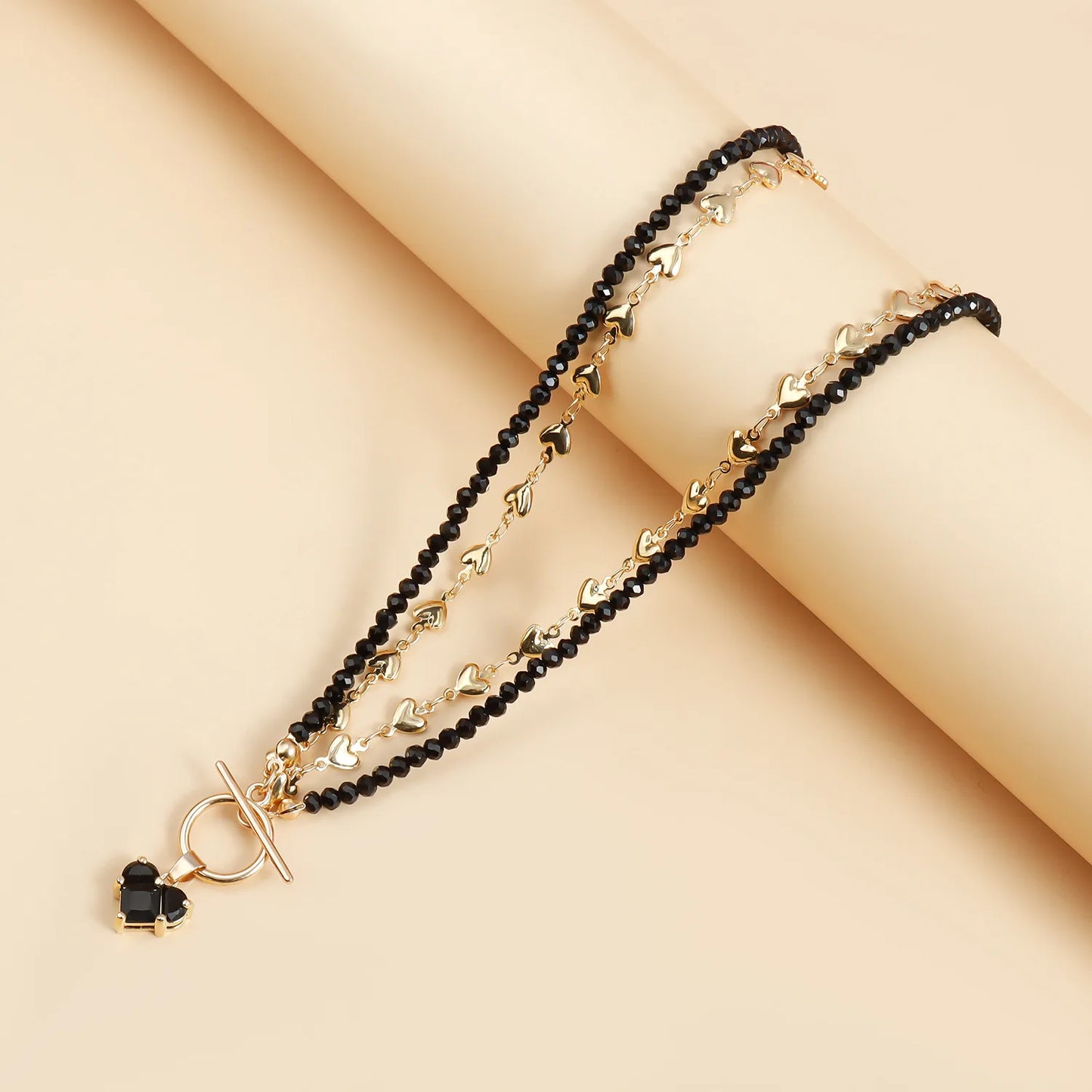 Black Beaded Choker Necklace Gold Heart Clasp Fashion Jewelry for Women