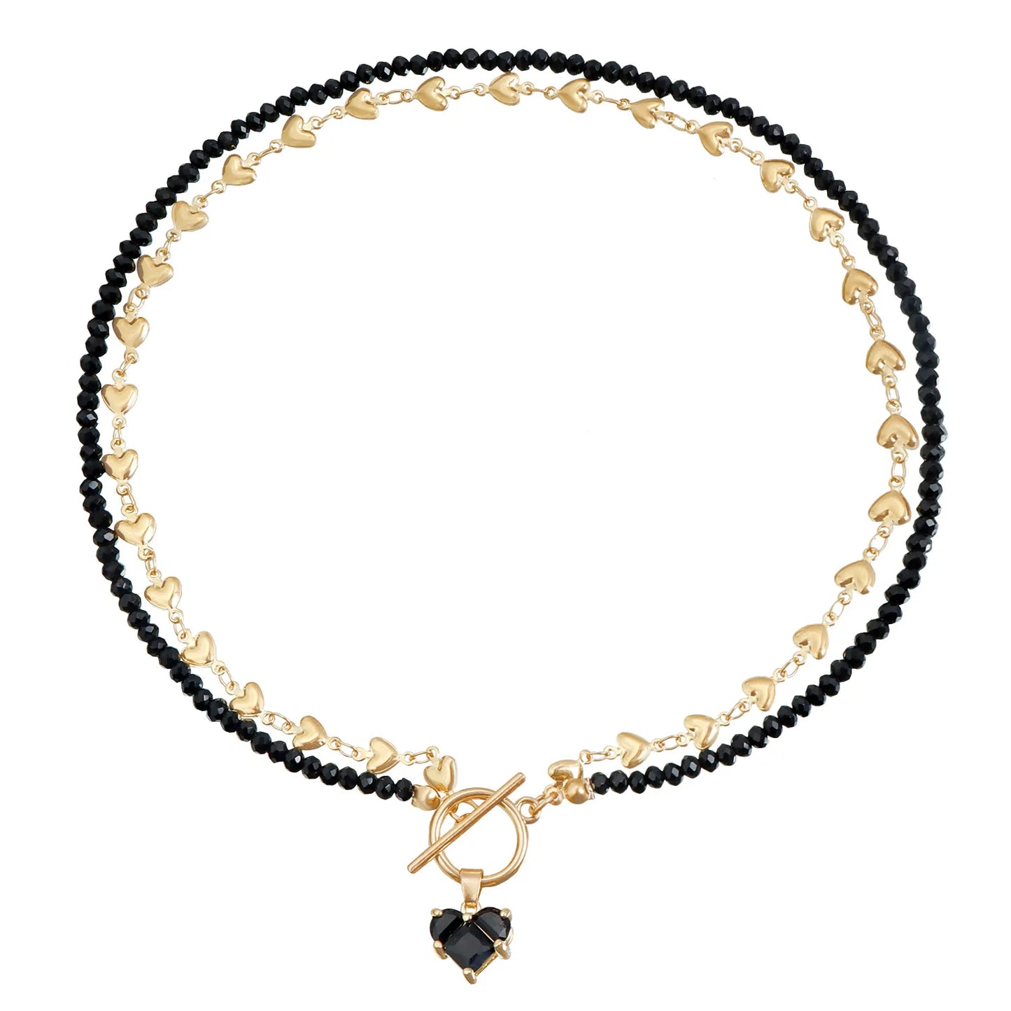 Black Beaded Choker Necklace Gold Heart Clasp Fashion Jewelry for Women