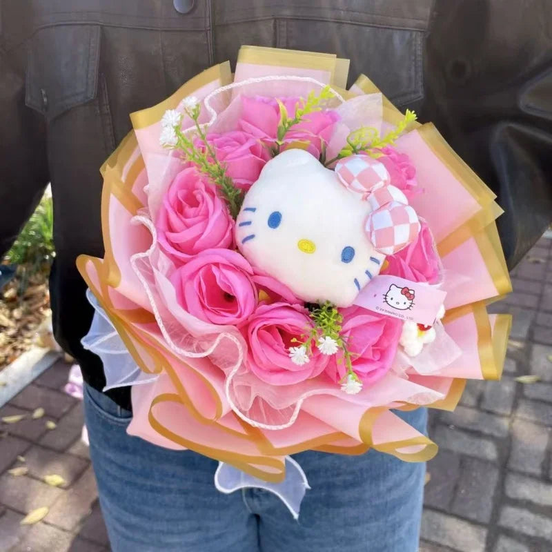 Hello Kitty Faux Rose Flower Bouquet Handmade Floral Gift