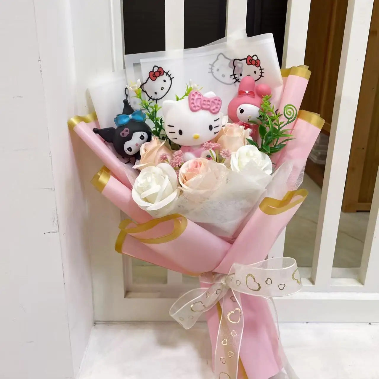 Hello Kitty Faux Rose Flower Bouquet Handmade Floral Gift