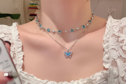 Korean Style Blue Crystal Necklace Zircon Necklace for Women