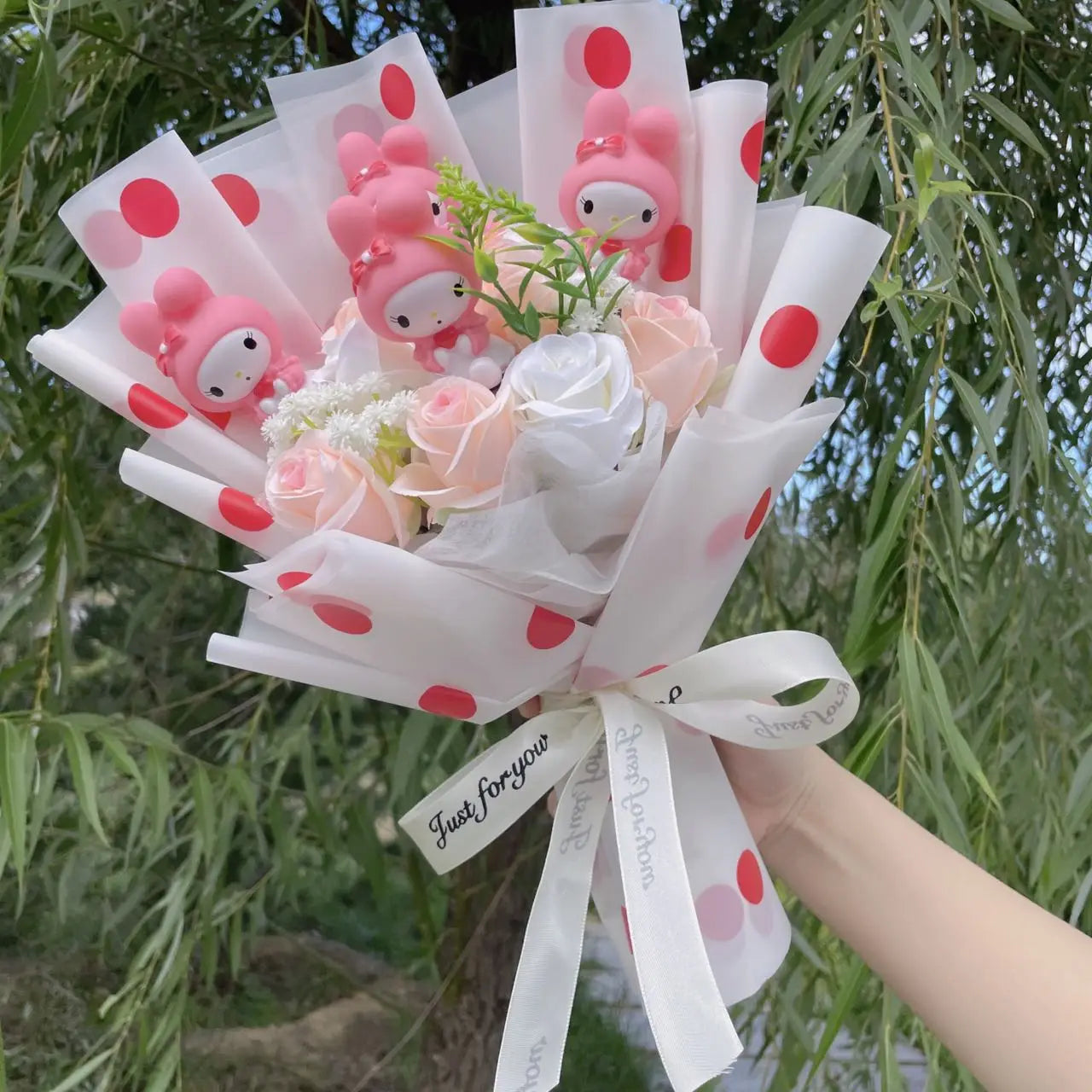 Hello Kitty Faux Rose Flower Bouquet Handmade Floral Gift