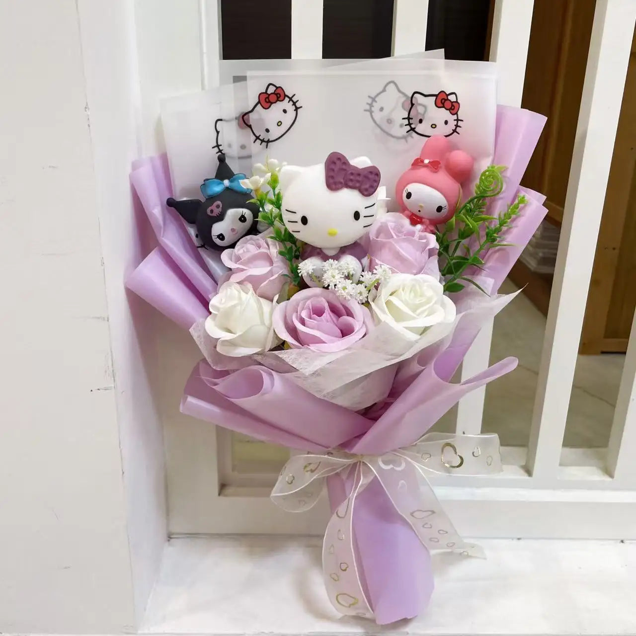 Hello Kitty Faux Rose Flower Bouquet Handmade Floral Gift