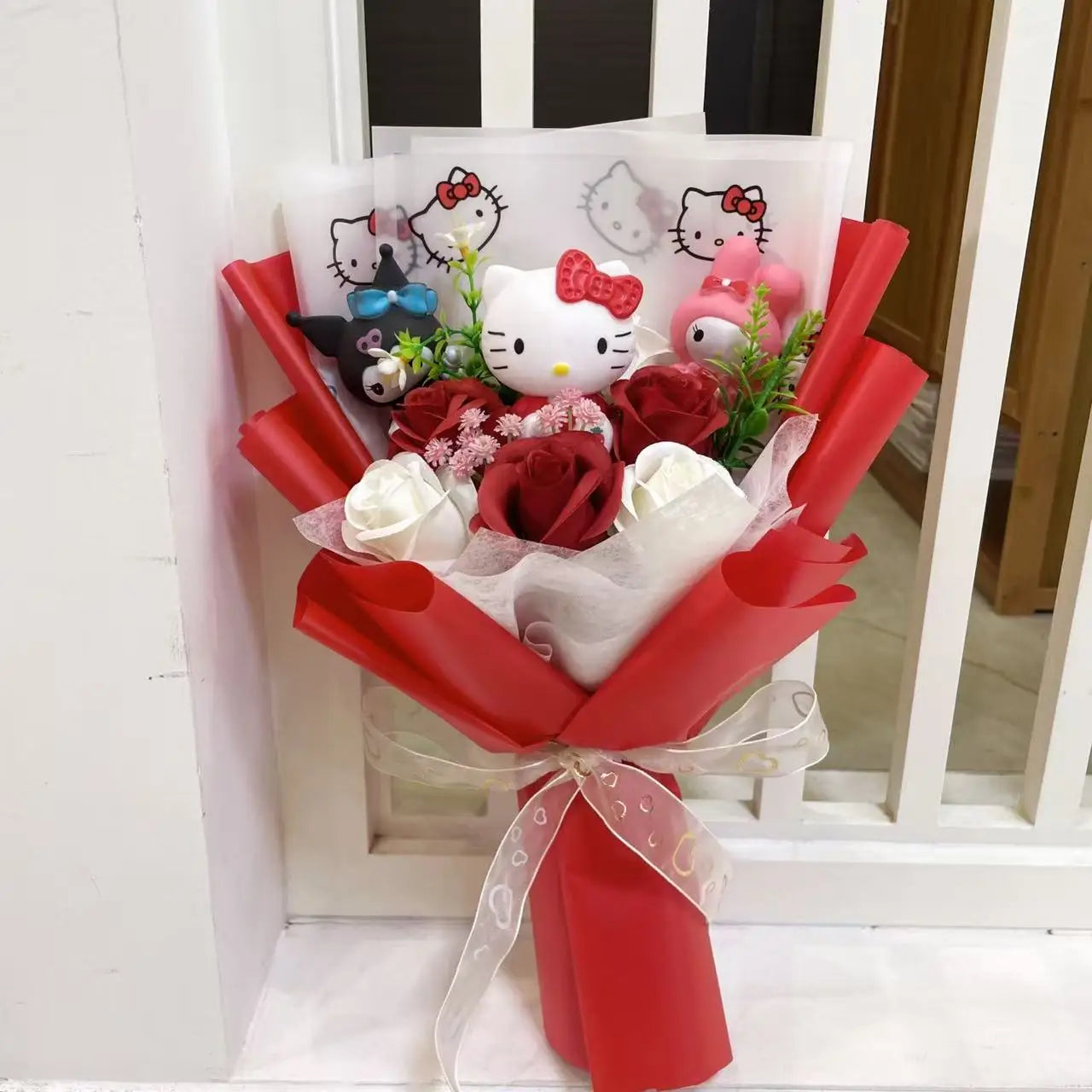 Hello Kitty Faux Rose Flower Bouquet Handmade Floral Gift