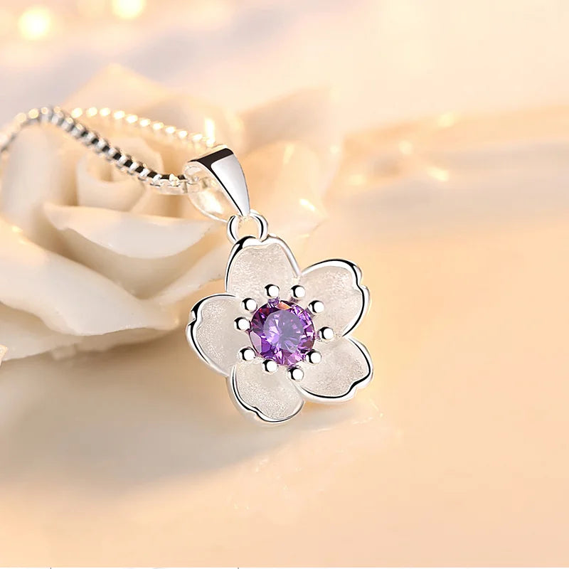 Pink Purple Peach Blossom 925 Sterling Silver Necklaces