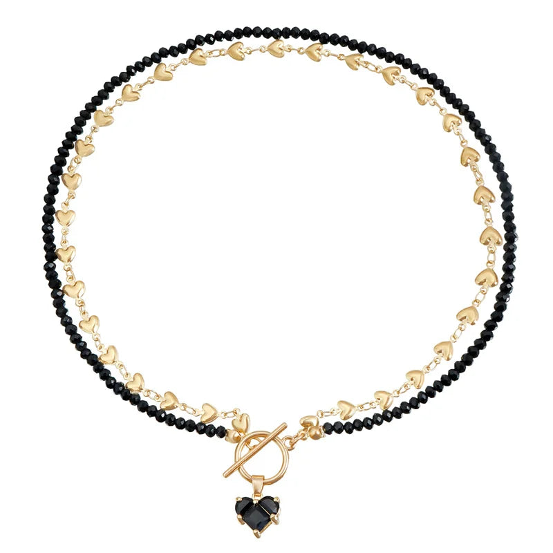 Black Beaded Choker Necklace Gold Heart Clasp Fashion Jewelry for Women