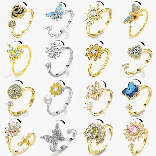 Multiple Crystal Flower Anti-Anxiety Rings