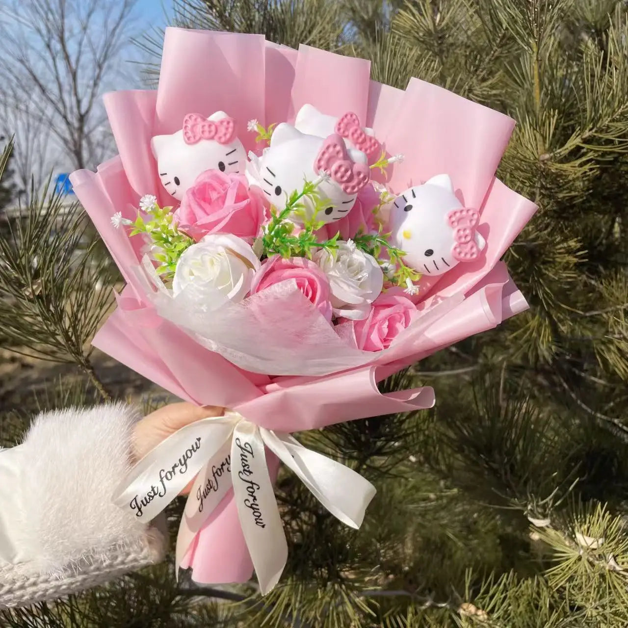 Hello Kitty Faux Rose Flower Bouquet Handmade Floral Gift