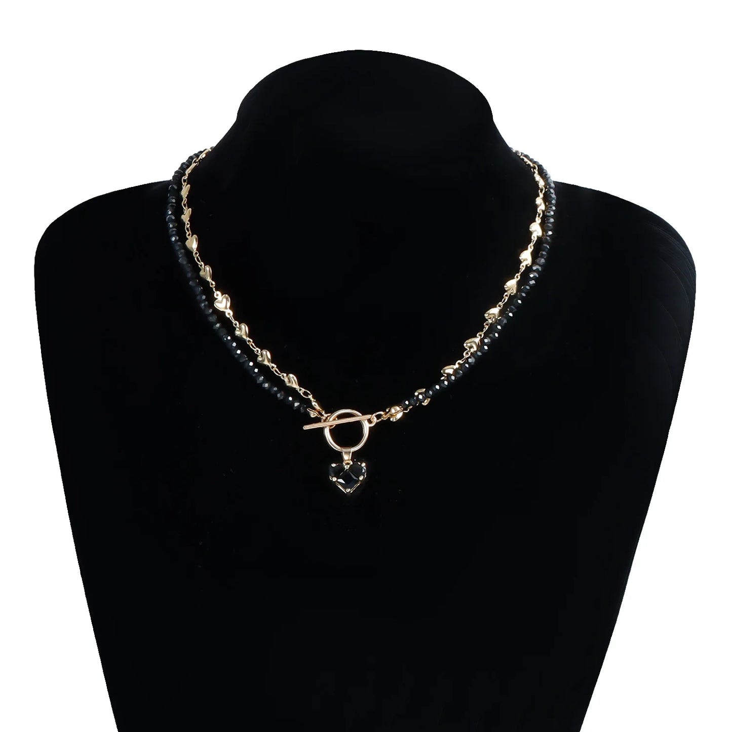 Black Beaded Choker Necklace Gold Heart Clasp Fashion Jewelry for Women