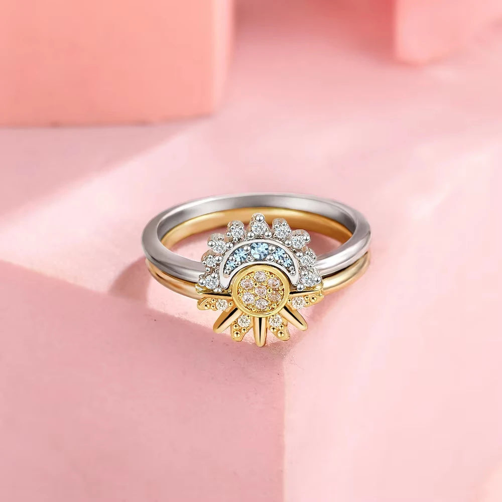 Sun and Moon Couple Ring Set for Women Celestial Jewelry