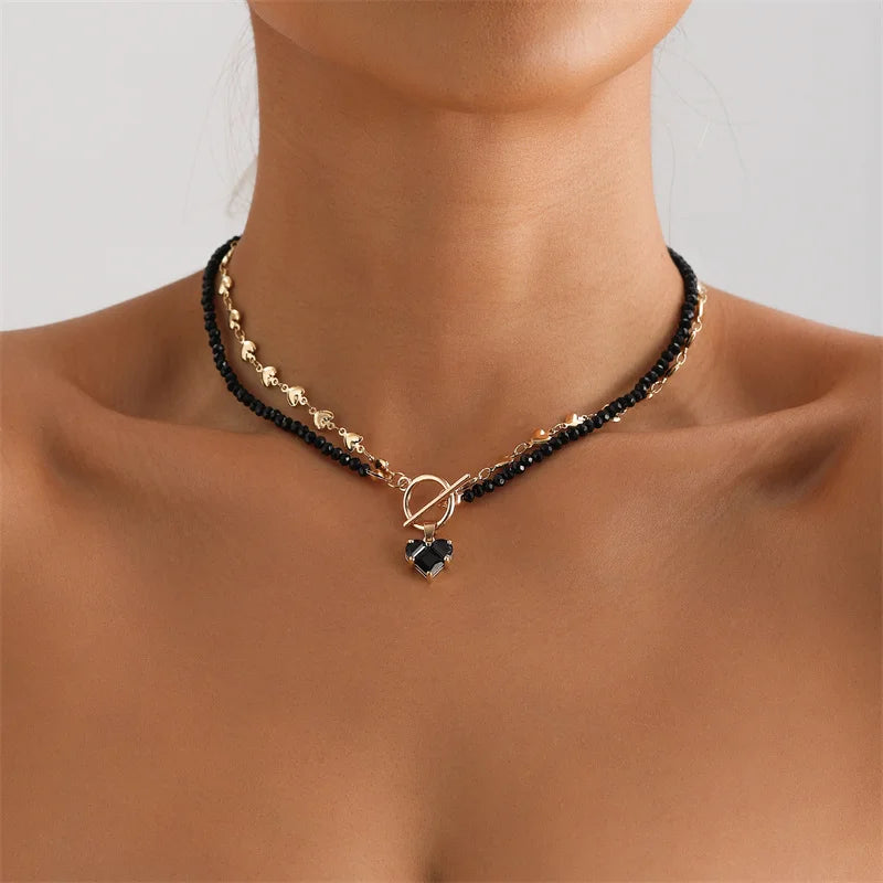 Black Beaded Choker Necklace Gold Heart Clasp Fashion Jewelry for Women