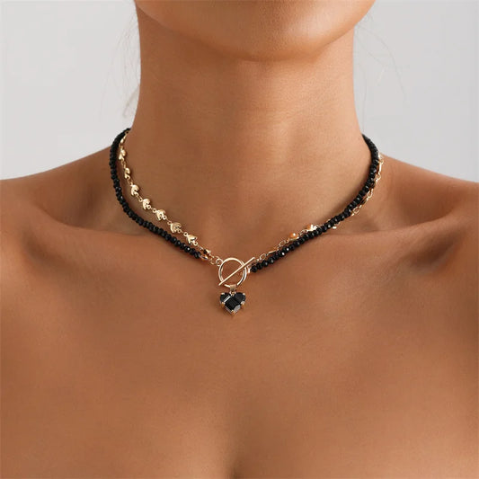 Black Beaded Choker Necklace Gold Heart Clasp Fashion Jewelry for Women