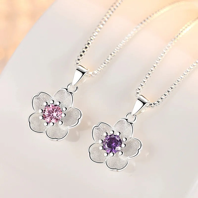 Pink Purple Peach Blossom 925 Sterling Silver Necklaces